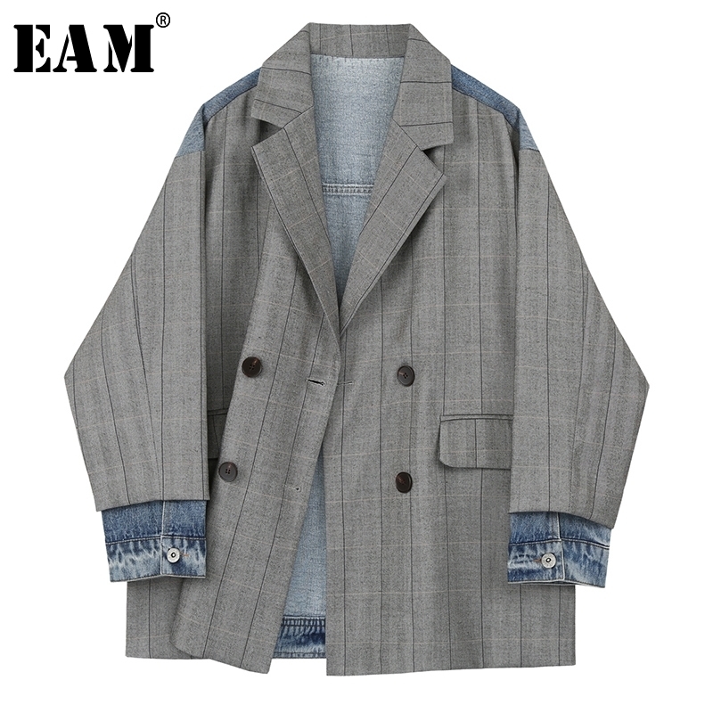 EAM Women Gray Plaid Back Denim Big Size Blazer Lapel Long Sleeve Loose Fit Jacket Fashion Spring Autumn 1X216 201114Z