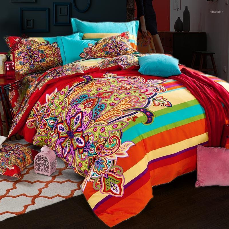 

New orange blue 100% Cotton Sanding Printed Flower Bedding Set Luxury Royal Bed Sheet set Duvet Cover Pillowcase Queen King 4pcs1, Color 2