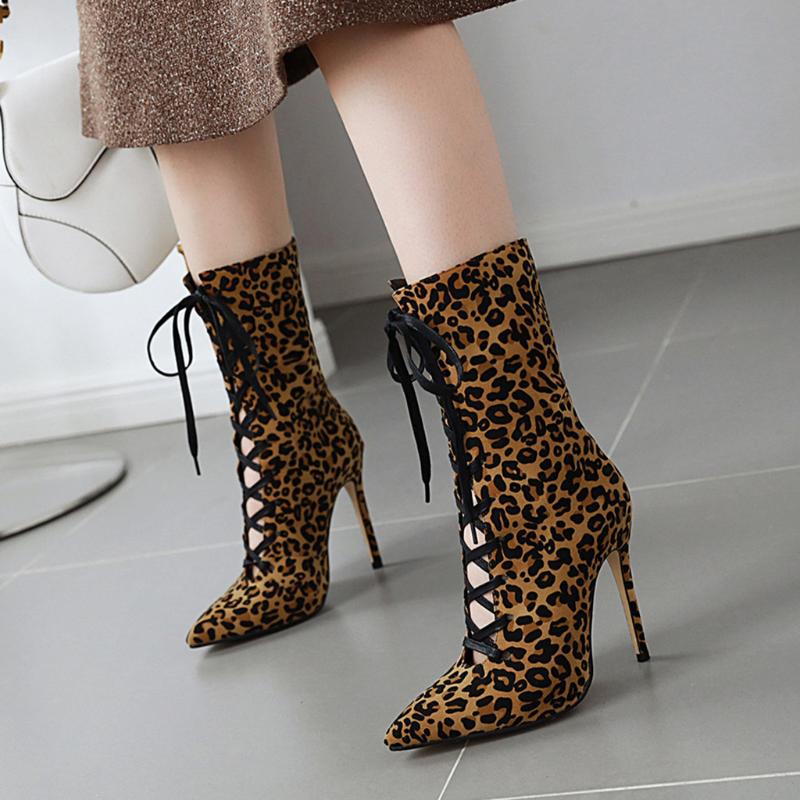 

High Heel Shoes Woman Leopard botas mujer 2020 Lace Up Ankle Boots Sping Autumn Sexy Pointed Toe Booties Female Thin Heel Botas, Bg