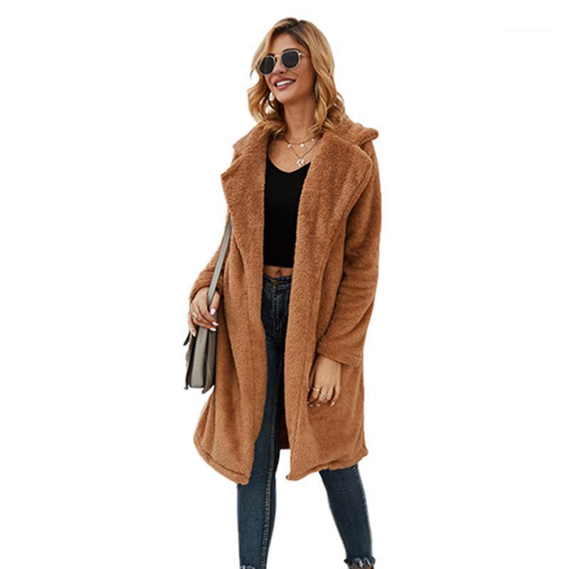 

Winter Long Woolen Coat for Women Solid Office Ladies Loose Female Jackets Turn Down Colalr Open Stitch with Pockets Thick Coats1, Brown