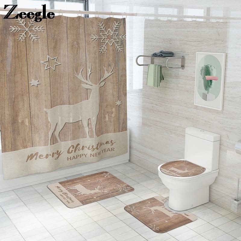 

Christmas Bath Mat and Shower Curtain Set Flannel Toilet Seat Cover Mat Bathroom Floor Carpet Non-slip Shower Foot