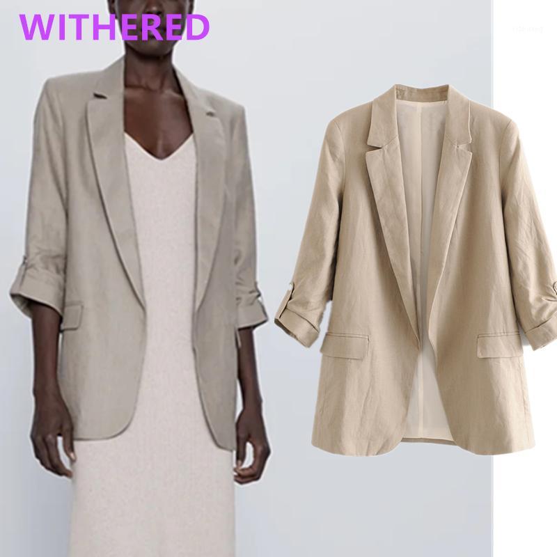 

Women's Suits & Blazers Withered England Office Lady Simple Linen Roll Up Sleeve Blazer Feminino Women Mujer 2021women And Jackets1, Khaki