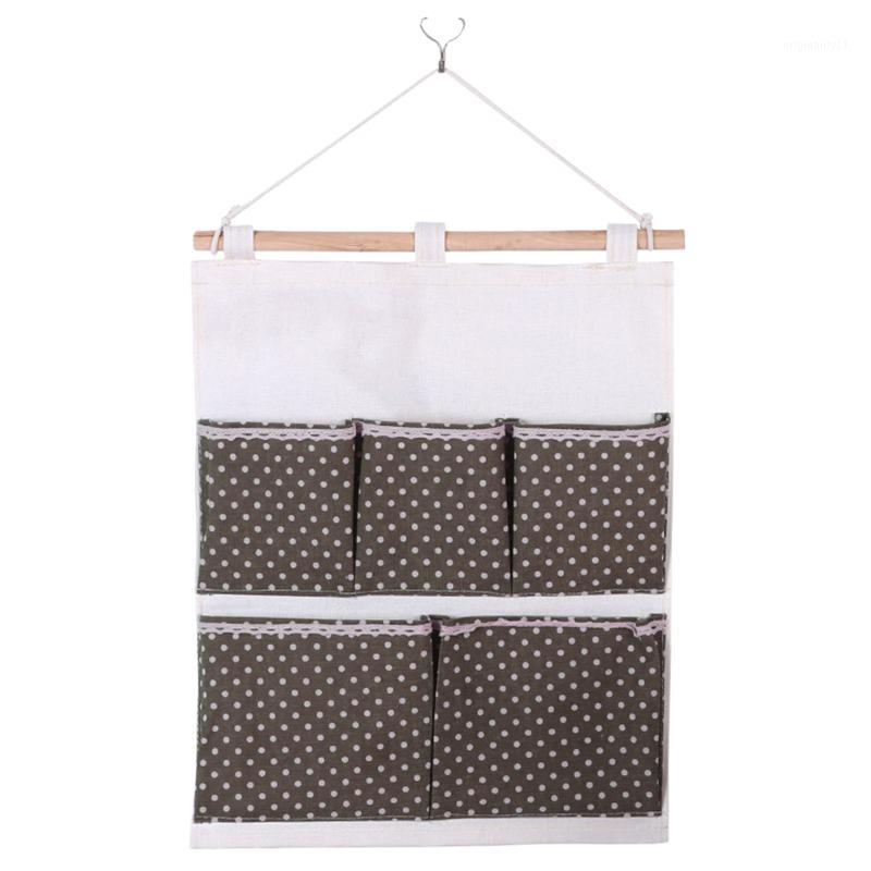 

Keys Kitchen Door Packing Cotton Linen Storage Bag Closet Pouch Bedroom Cosmetics 5 Pockets Wall Hanging Dots Printed Organizer1
