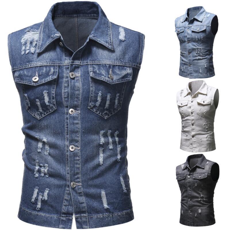 

2020 Denim Vest Men's Jacket Sleeveless Casual Waistcoat Men's Jean Coat Ripped Slim Fit Male Jacket Cowboy M-2XL, Black