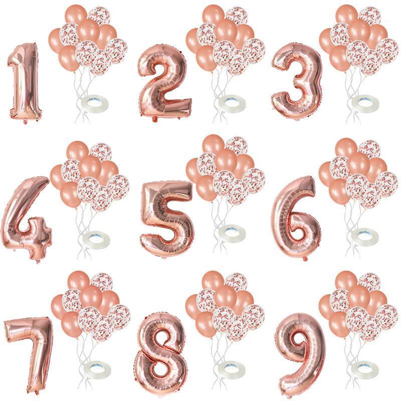 

12Pcs/lot Rose Gold Number Foil Balloons Happy Birthday Balloons Baby Shower Kids 1st Birthday Party Decorations Number1
