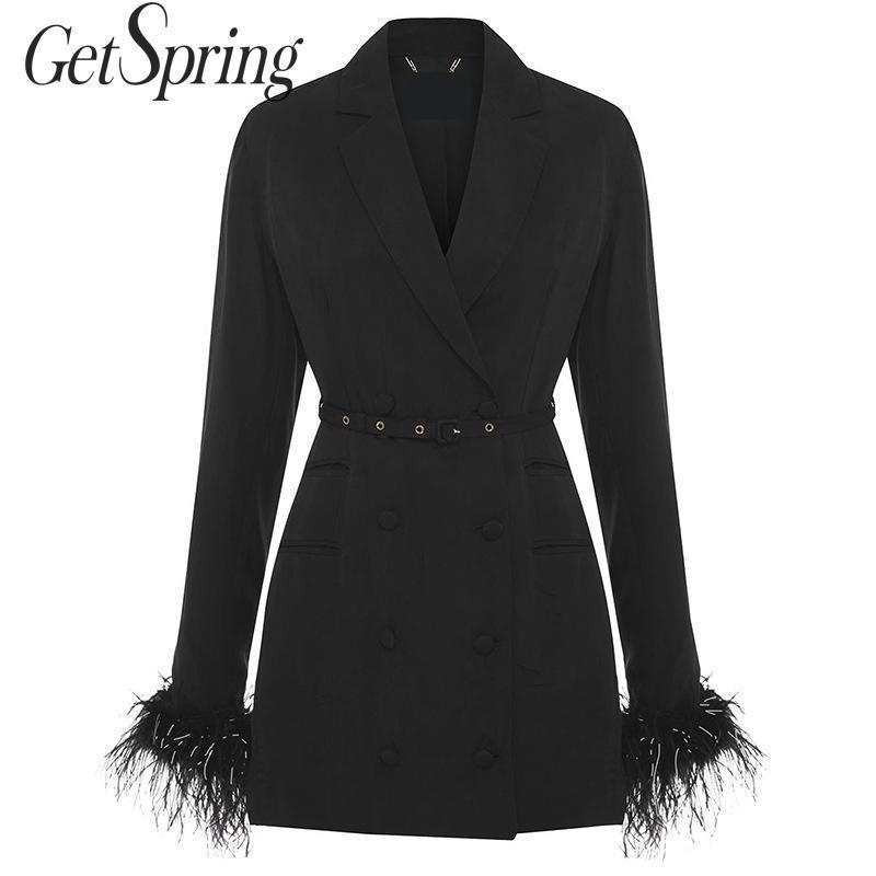 

GETSPRING Women Blazer Long Black Feather Blazer Jackets Belt Bandage Women Blazers Jackets Vintage Coats New Women Spring Top 201201