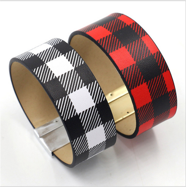 

Buffalo Plaid PU Leather Bracelet Women's Black Red Checkered Wrist Band Christmas Girls Retro Leather Plaid Wristlet Wide Bangle E120701