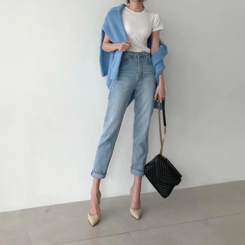 

Vintage High Waist Straight Jeans For Women Streetwear Female Ankle-Length Denim Buttons Zipper Ladies Blue Jeans