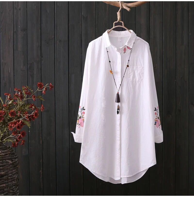 

2021 New White 100% Cotton Blouse Women Summer Chic Floral Embroidery Long Womens Tops and Blouses Casual Blusa Shirt Rhk3, Beige