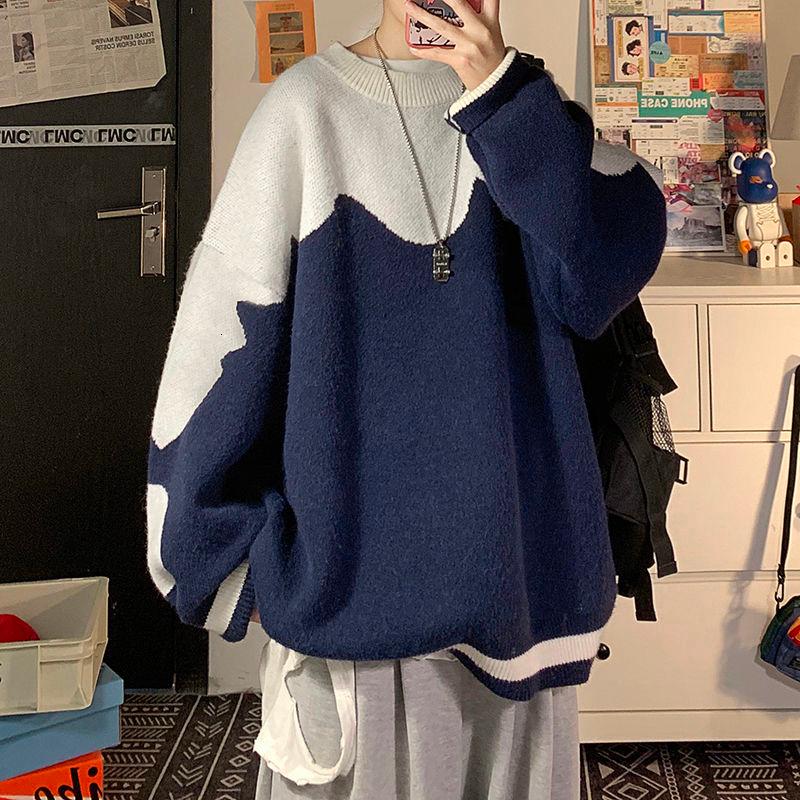 

Korean O-neck Sweater Men' Warm Fashion Casual Knitted Pullover Men Wild Loose Autumn Winter Contrast Sweater Mens Clothes, Green