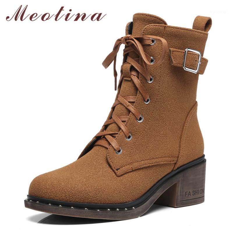 

Meotina Women Ankle Boots Autumn Natural Genuine Leather Block Heel Short Boots Buckle Round Toe Shoes Ladies Winter Big Size 431, Brown