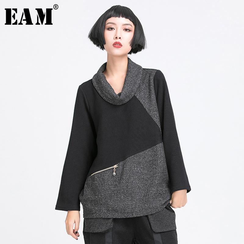 

EAM] Women Black Irregular Split Joint Zipper Big Size T-shirt New Lapel Long Sleeve Fashion Tide Spring Autumn 2020 1Y771