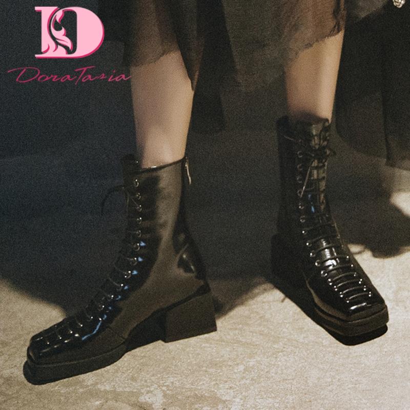 

DoraTasia New Female Chunky Heels Ankle Boots Square Toe Platform shoelace Zip Boots Women Autumn Designer Shoes Woman, Black