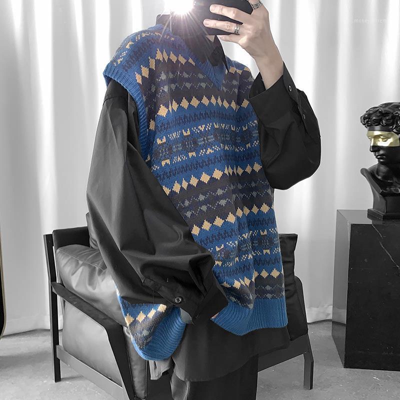 

Autumn and Winter New Sweater Vest Men Patchwork Casual Loose Korean Fashion Harajuku V-neck Pullover Sleeveless Knitted Vest1, High quality khaki