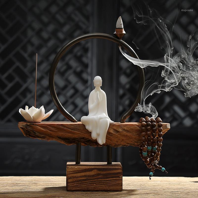 

Creative Brief White Ceramic Monk Lotus Stick and Back Flow Incense Burner Wooden Base Home Art Decorative Ornaments Friend Gift1
