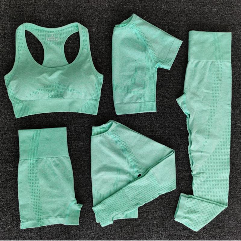 

New 5 PCS Women Seamless yoga set Fitness Sports Suits GYM Clothing Yoga T-Shirts+High Waist leggings+Bra+shorts Workout sets, E 5pieces