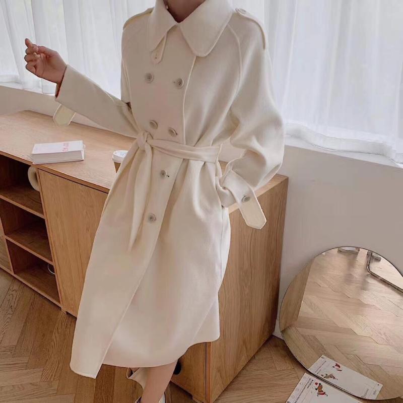 

New winter b 2020 double-breasted show thin double-sided cashmere coat lapels with cloth trench coat, White
