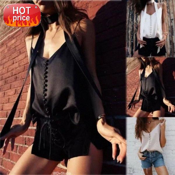 

Solid Women's Ladies V Neck Chiffon Sleeveless Vest Casual Top Tees Loose camis #4P8K, White