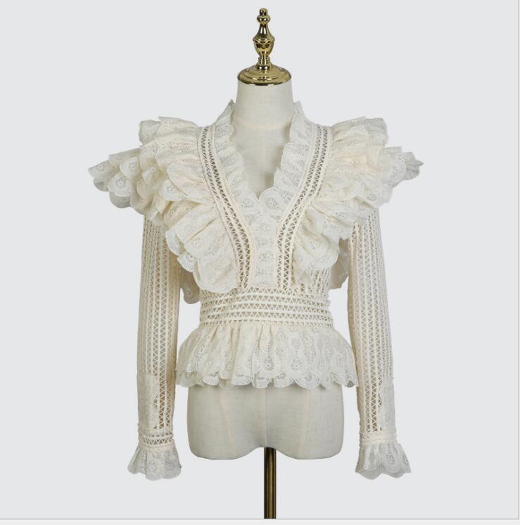 

Australian celebrity tide brand new lace temperament lotus leaf long-sleeved top, Beige