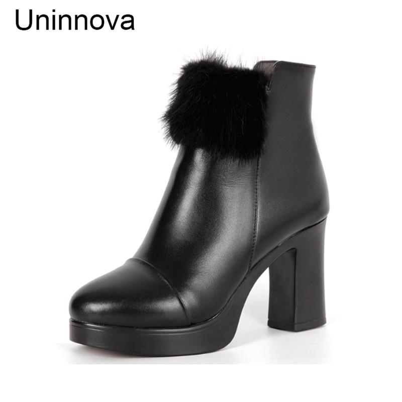 

Women Winter Platform Boots Genuine Leather Faux Fur Mink Hair Shoes Black Ankle Boots Size 34-40 WB010