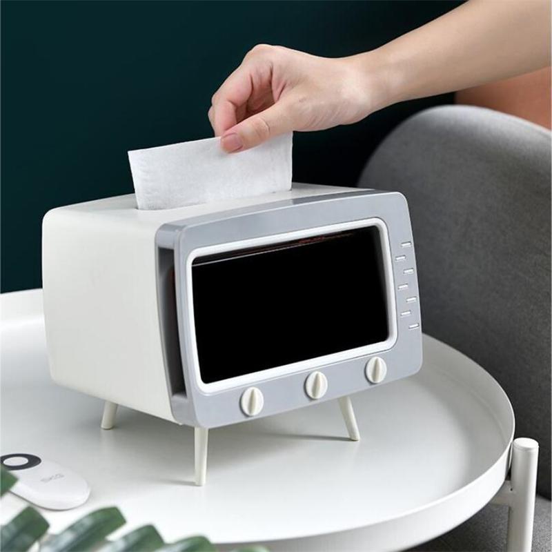 

Tissue Box with Phone Holder Desktop Removable Tissue Napkin Storage Case Dispenser Dust-proof Household TV Shape Hands free