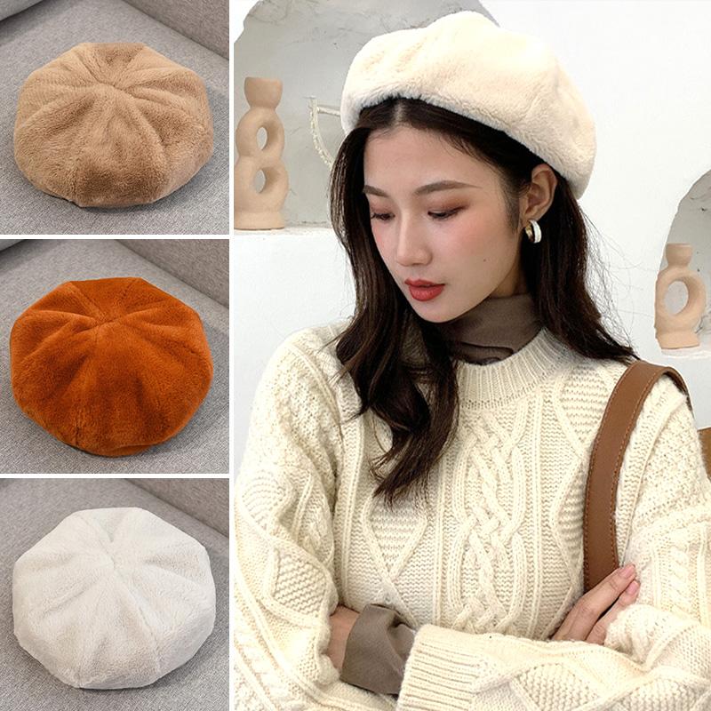 

Elegant Women Faux Fur Berets Hats Casual Solid Color Autumn Girl Winter Windproof Warm Hat Female Simple Vintage Caps New