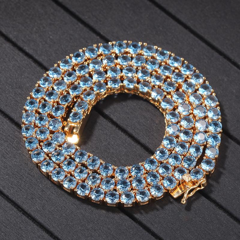

4mm All Size Iced Out Cubic Blue Zircon 1 Row Tennis Chain Necklaces Hip hop Jewelry Gold Silver Color Men CZ Necklace