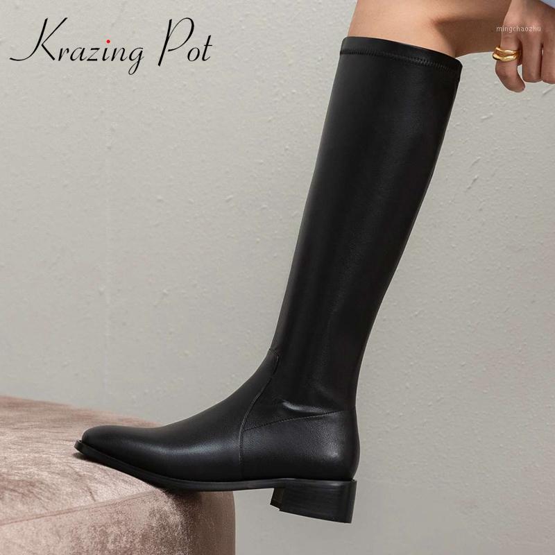 

Krazing Pot big size cow leather square toe med heel winter shoes keep warm European style simple solid cozy knee-high boots L581, Beige