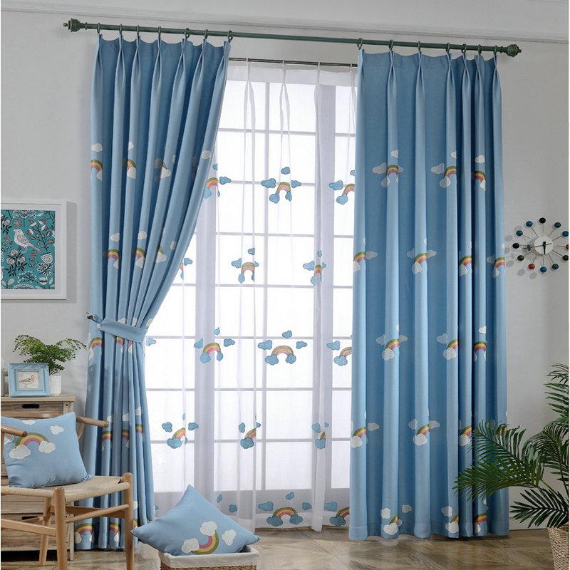 

Cotton and Linen Curtains for Kids Rain Bow Cartoon Embroidered Blue Curtain and Tulle for Children's Room