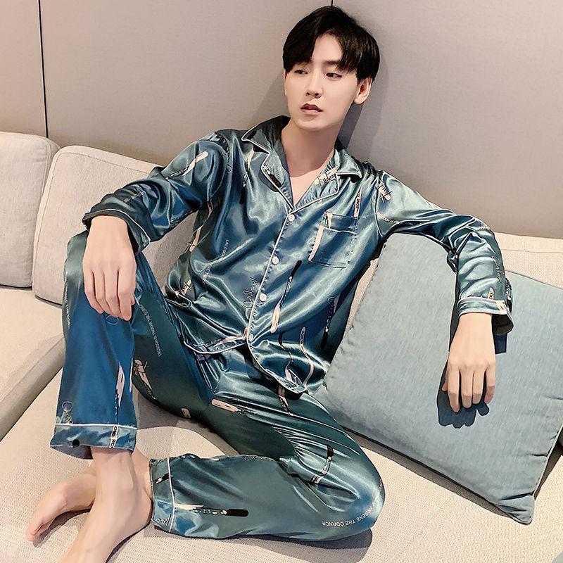 

Plus Size Pajamas Man Spring Autumn High Quality Long-Sleeve Ice Silk Sleepwear Luxury Noble Pijama Casual Male Home Wear Suits, 011