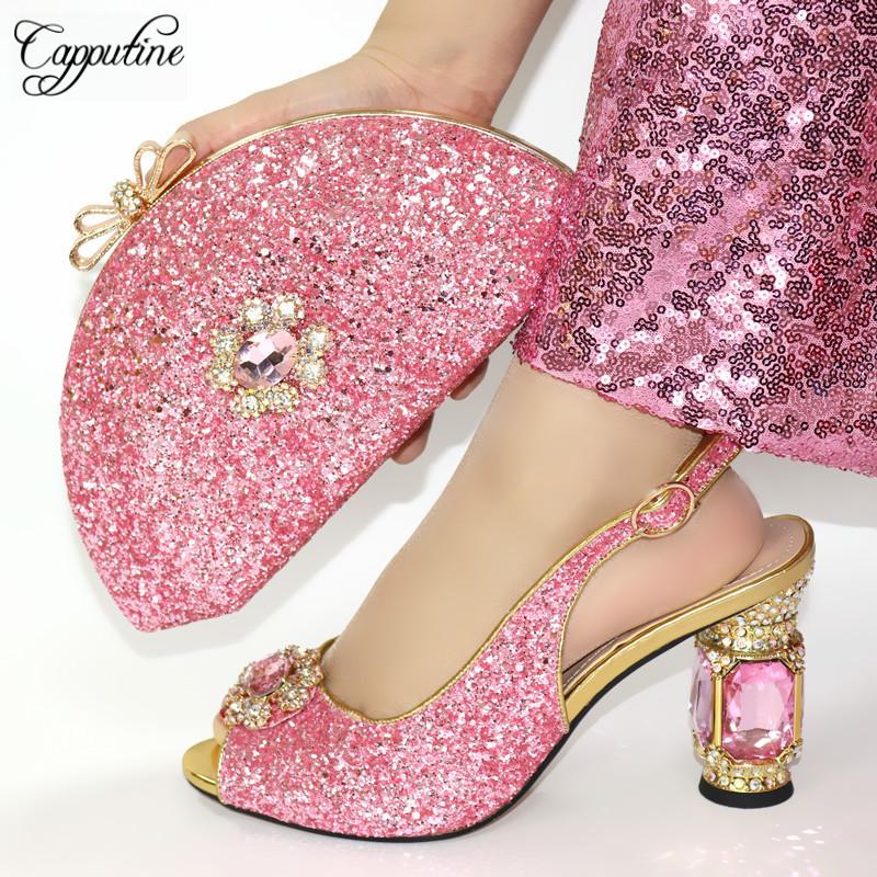 

Dress Shoes Arrival Flower Crystal Woman Year And Matching Bag 2022 Special Strang Heels Set For Wedding Party, Black