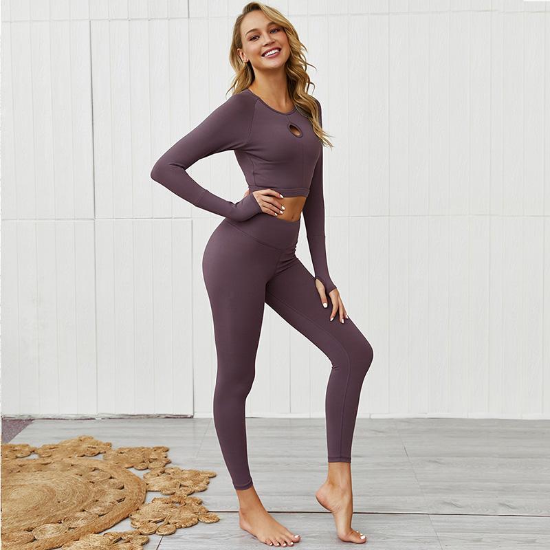 

Women Seamless Yoga Set Fitness SportsWear Gym Long Sleeve Clothes Crop Tops High Waist Running Leggings Workout Pants Tights, Y226-qianlan