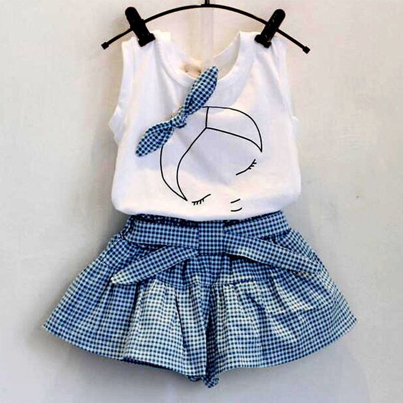 

Girl Clothes Summer Fashion Bow Cotton Vest + Plaid Shorts 2PCS Casual Set Girls Clothes Set For Journey Children Clothing Y200831, Blue