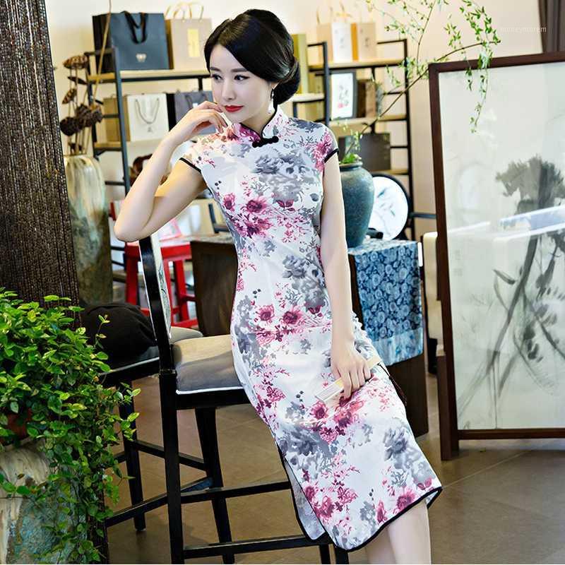 

Fashion Retro Short Sleeve Printed Dress Women'S Mid-Length Daily Dress Women Cotton Linen Catwalk Cheongsam Female Slim Qipao1