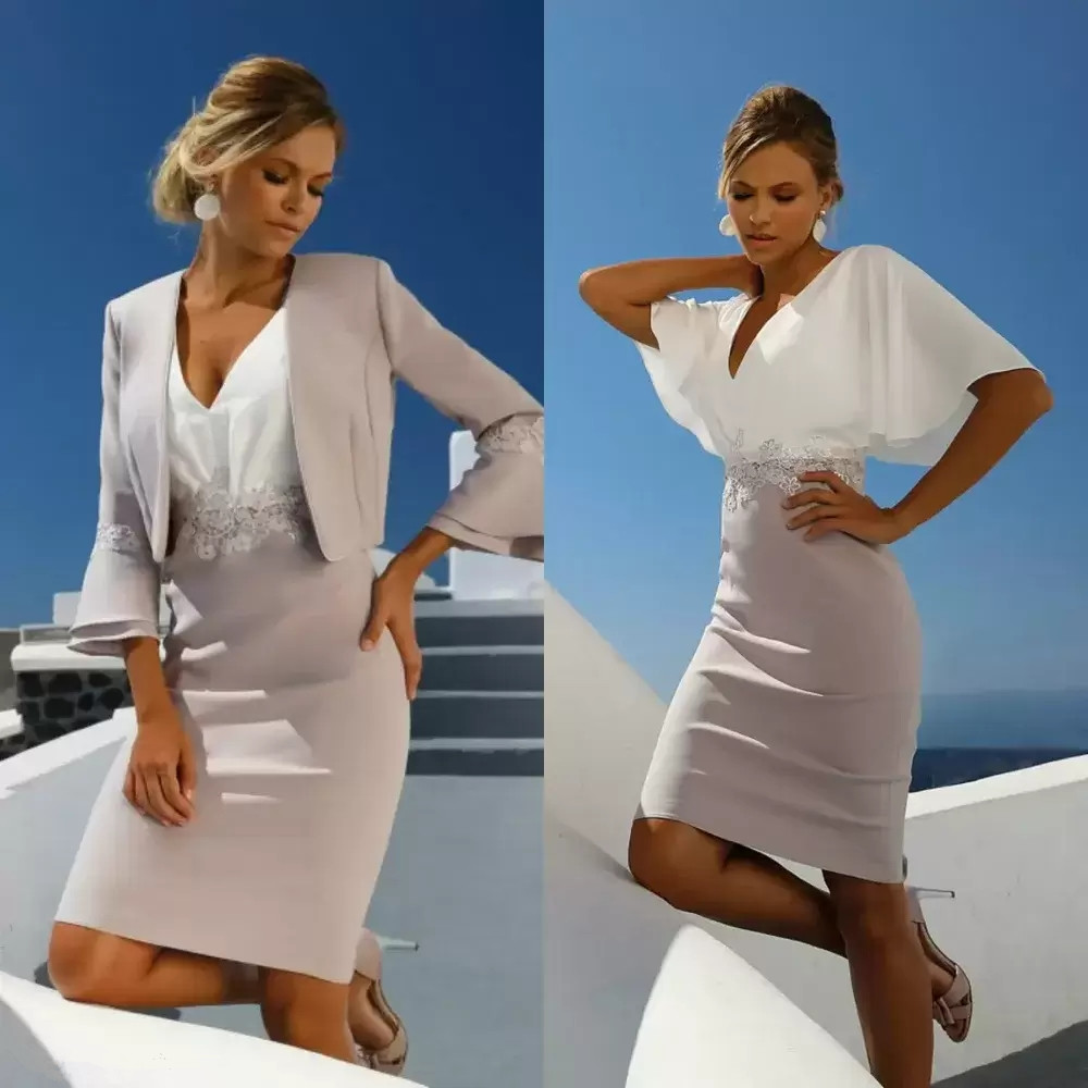 

Linea Raffaelli Mother Of The Bride Dresses With Jacket Knee Length Elegant Wedding Guest Gowns 3/4 Long Sleeves Formal Mother Dress CG001