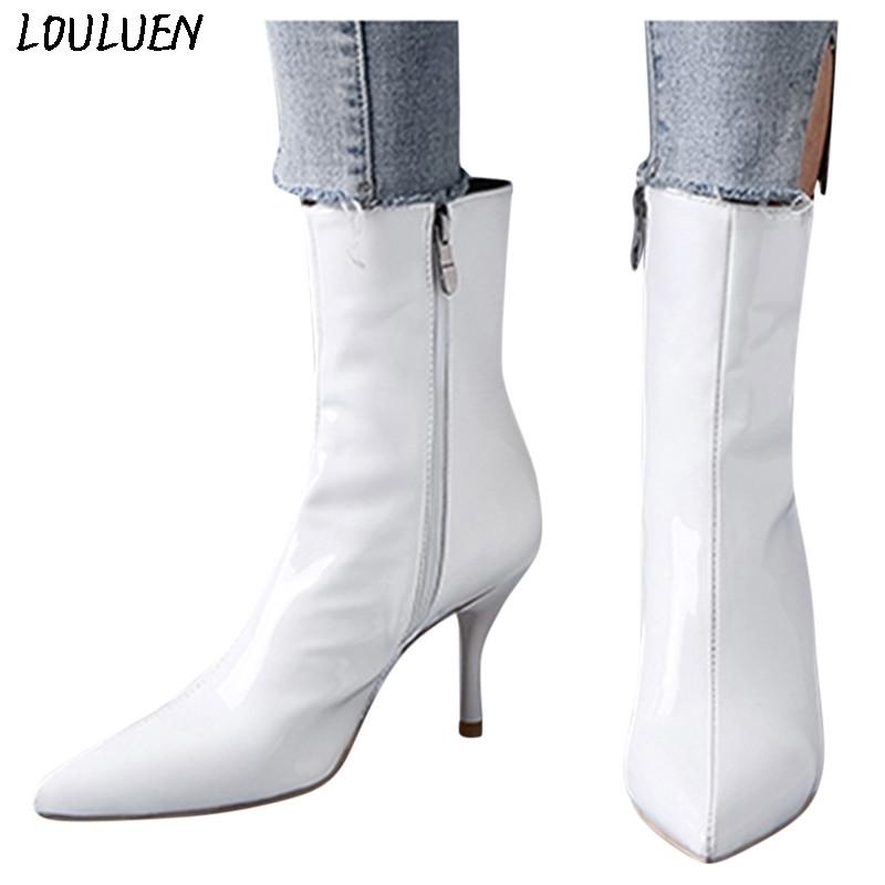 

LOULUEN 2020 Boots New Fashion Women Thin Heels Zipper High Heel Patent Leather Boots Pointed Toe Shoes Roman Laarzen Bottes #09, Bk