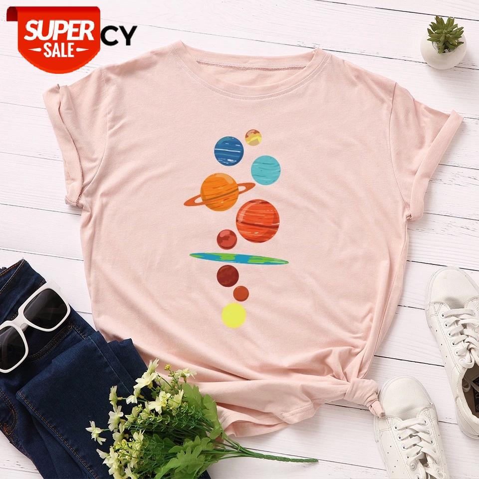 

JFUNCY Plus Size Women T Shirt New Planet Print T-shirts Female Short Sleeve Cotton Tees Tops Woman Summer Tshirt #o95z, White