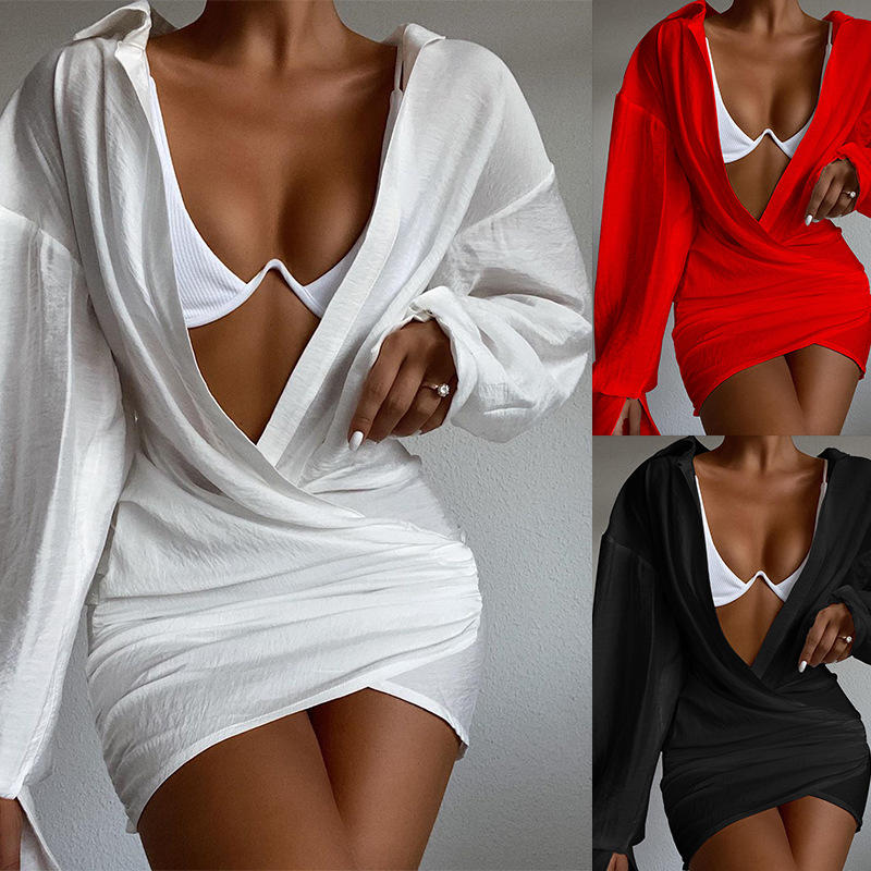 

Womens Sexy Deep V Neck Long Sleeve Lapel Pleated Pullover Short Pencil Dress, Black
