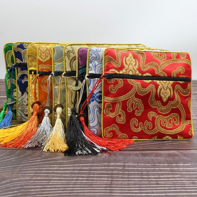 

Rich Flower Small Jewelry Gift Bags Tassel Silk brocade Zipper Pouch Coin Purse Bracelet Bangle Storage Pouch Packaging 50pcs