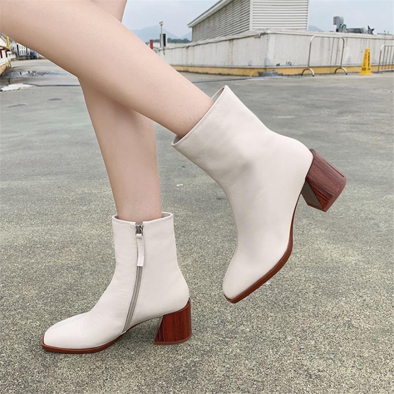 

Wood Heel Women's Short Boots Vintage Square Toe Soft Leather Boots Side Zipper Concise High Heels Shoes Women Warm Plush Inside, Beige