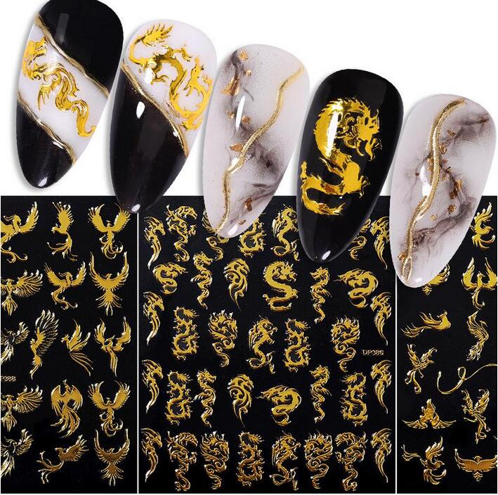 

NEW Nail Art Laser 3D Stickers Dragon Phoenix Gold Colorful Waterproof Sticker Decals Self Adhensive Holographic Manicure Decorations, As the picture