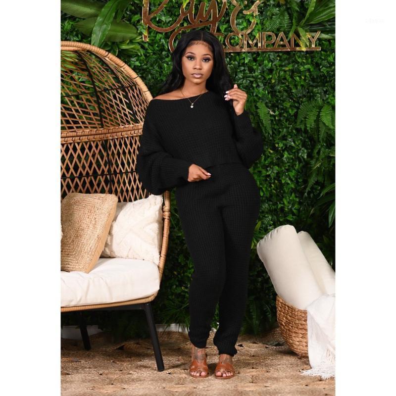 

2Pcs women's solid color knitted two-piece winter casual style long-sleeved round neck strapless pullover + pencil pants1, Black