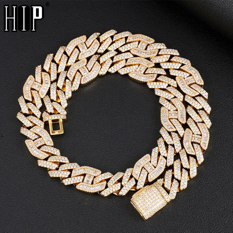 

Hip Hop 14MM 2 Row Heavy Prong Baguette Curb Chain Iced Out Box Buckle Copper + Cubic Zirconia Gold Chain For Men Jewelry