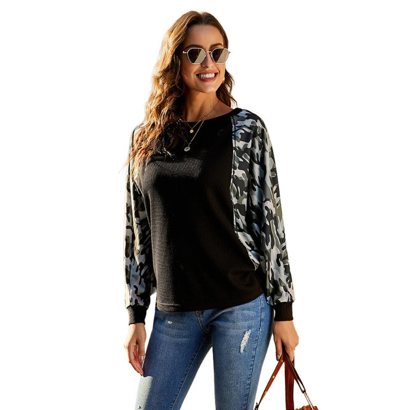 

Sweatshirt Women Autumn New Fashion Camouflage Full Sleeve Stitching Casual o-Neck Pullover Lady Clothing Tops Hoodies Female, Black