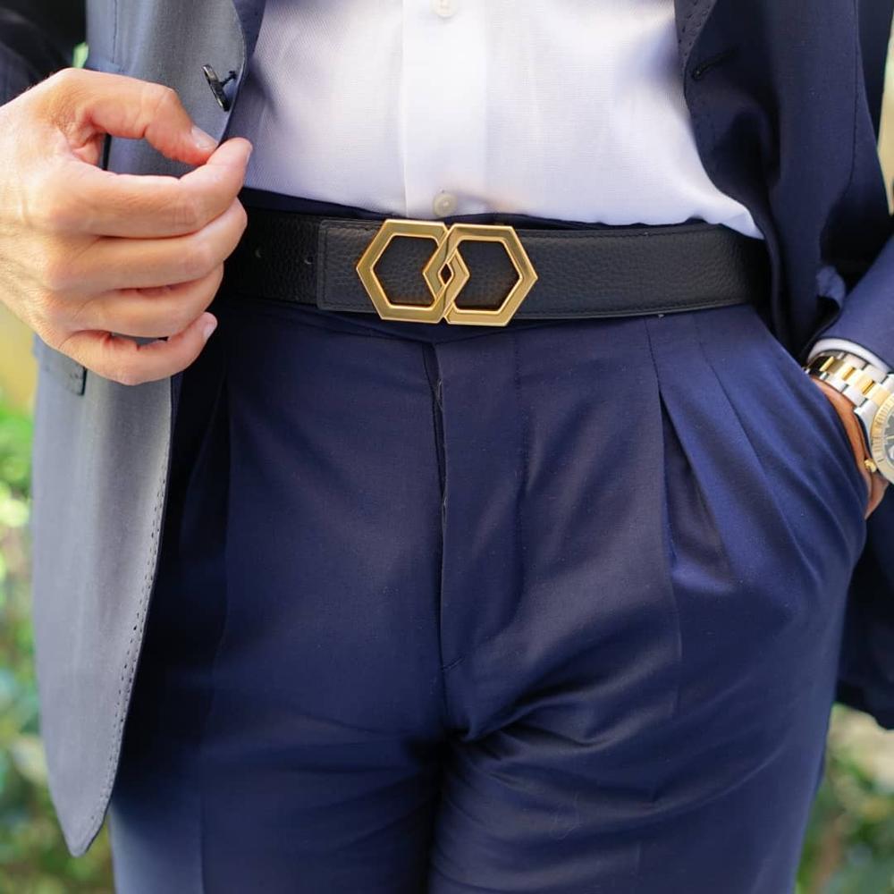 

Genuine leather lichi luxury hexagon present from elegant men bling buckles stainless steel hex tie matching black belt