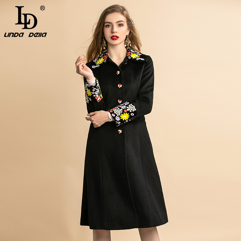 

LD LINDA DELLA Fashion Designer Winter Vintage Black Coat Women' Elegant Flower Embroidery Outwear Wool Long Overcoat 210204, Beige