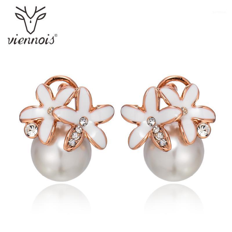 

Viennois Trendy Rose Gold Color Simulated Pearl Stud Earrings for Woman Rhinestone Sweet Flower Elegant Party Female Earrings1