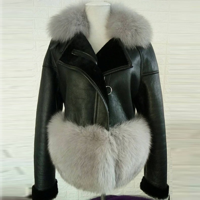 

Famous Brand Genuine a Piece Suede Leather Jackets of Real Luxury Women Fox Skin Trimmed Classic Bomber Fur Cfjp, Black