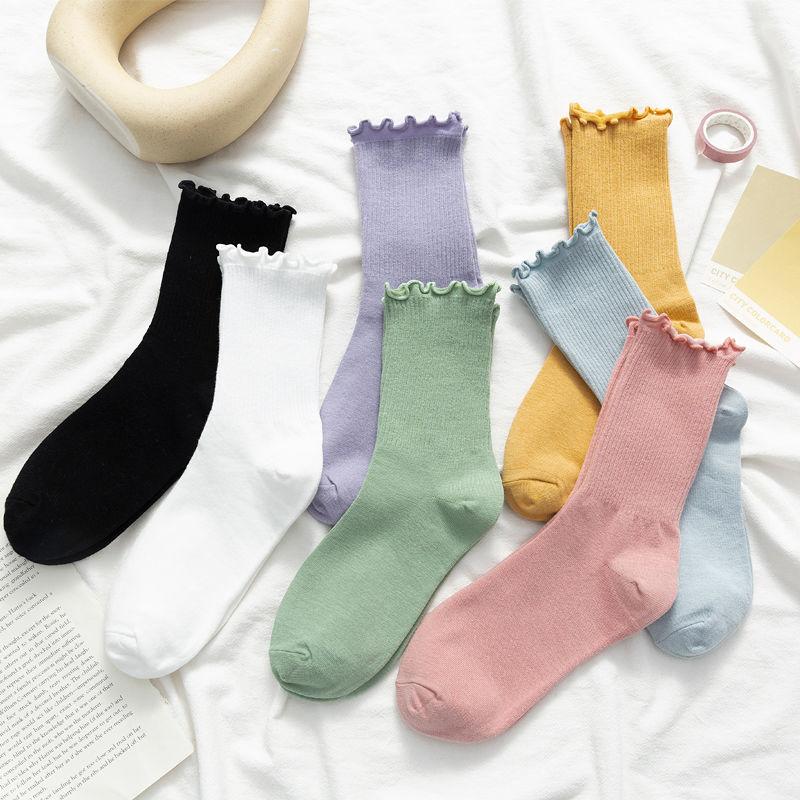 

5 Pairs Crew Socks Women Pack Solid Cotton Socks Women Lolita White Black Knee High Streetwear Harajuku Frilly, 5 pairs as picture