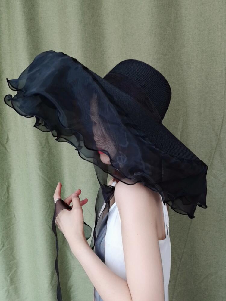 

Vintage Large Brim Women Sun Hat Beach Travel Lotus WIde Brim Gauze Straw Summer Hat Elegant Ladies Black Sombrero Cap